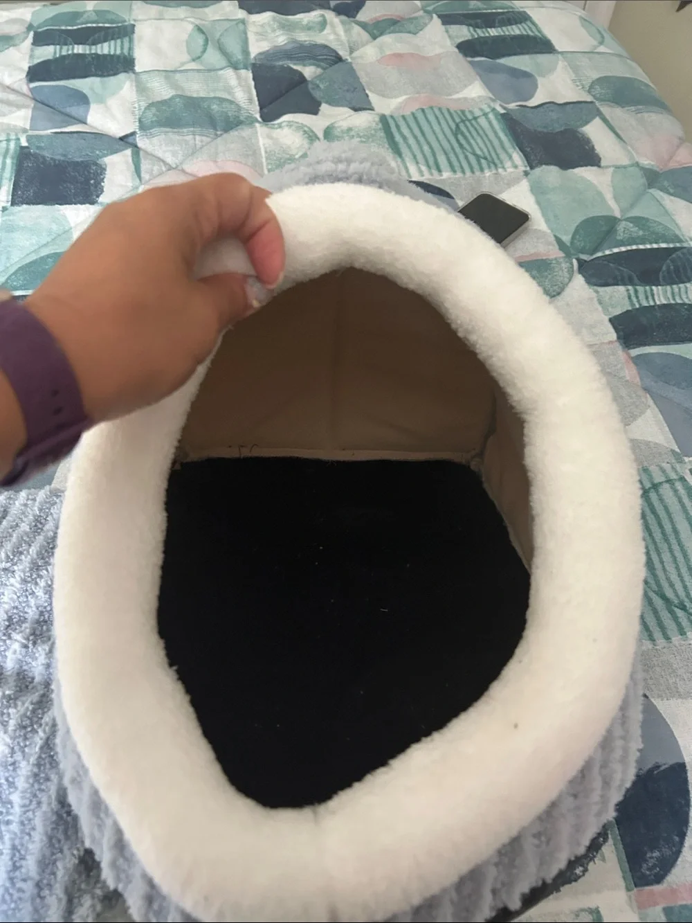 Cozy Gray Sherpa Pet Cave Bed with Cream Trim